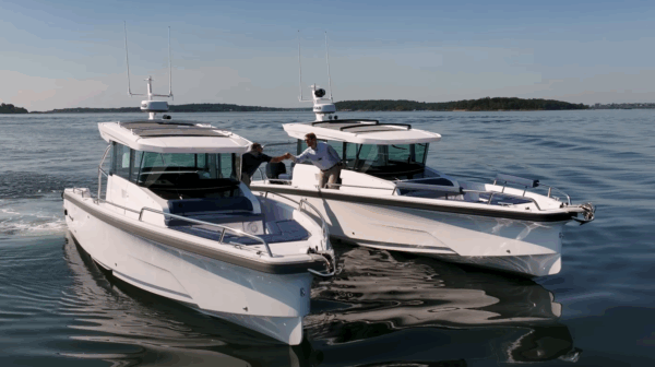 Axopar 29 Twin vs Single Engine Race – Handshake Moment Two Axopar 29s abreast in the water with Yacht Consultants Mike Porter (Portsmouth, RI) and Ben Scheffer (Camden, ME) shaking hands over the water between the boats, filmed from in front during a twin-engine vs single-engine race.