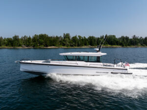 Axopar 37 running shot in Casco Bay, Maine