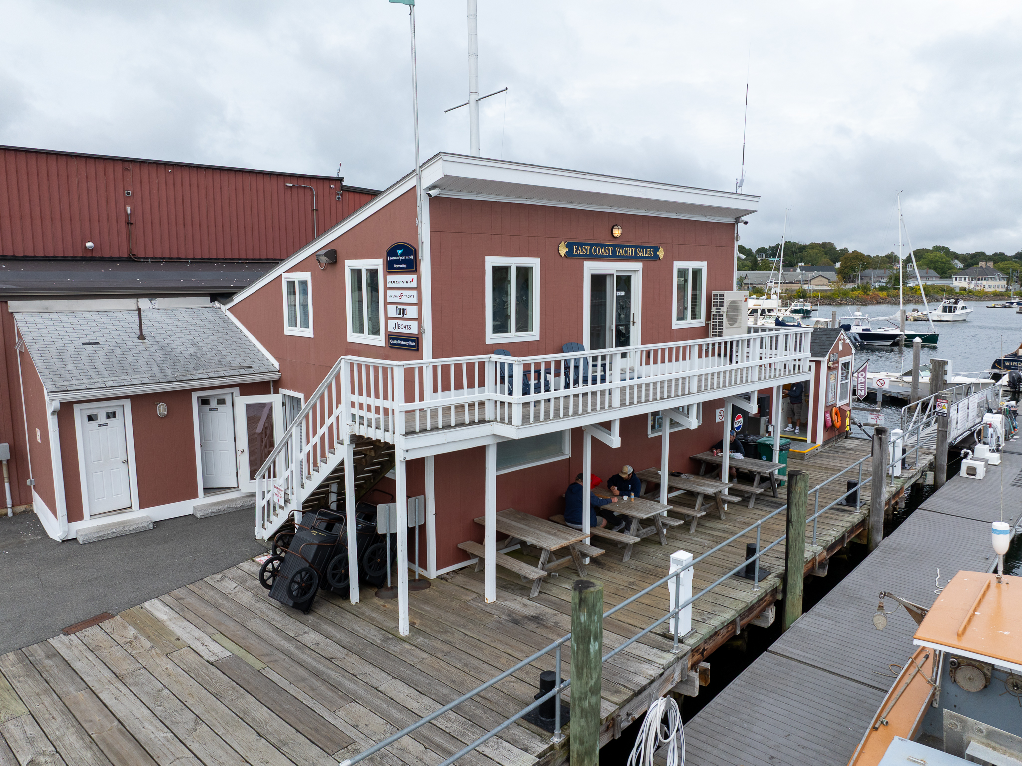 Close aerial view of the Manchester, Massachusetts East Coast Yacht Sales office