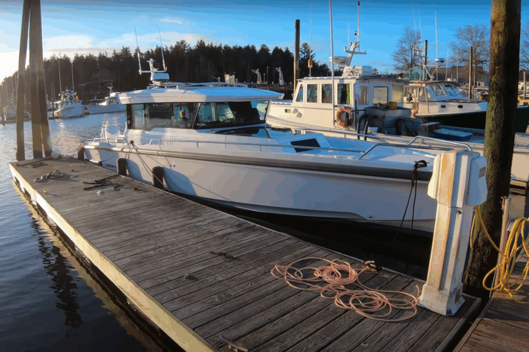 Axopar 37 in Northeast Harbor at Sunrise Axopar 37 docked in Northeast Harbor, Maine at sunrise on a calm March morning