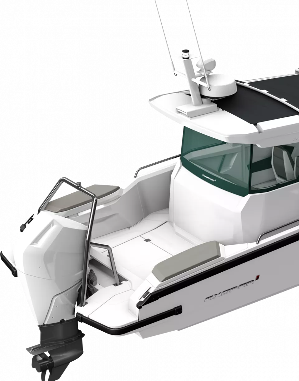 Axopar 29 open aft deck layout, view from stern looking forward