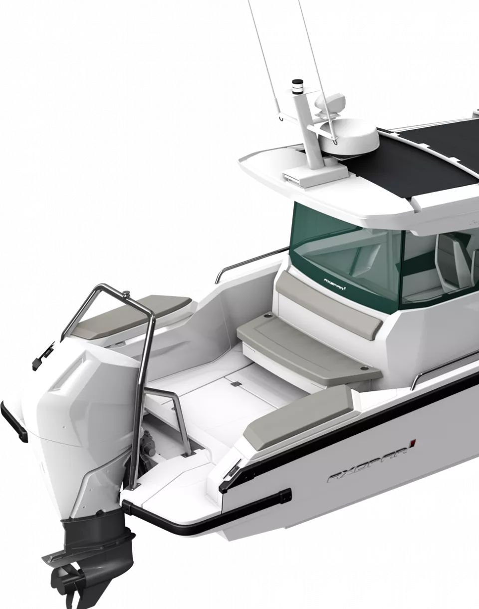Axopar 29 tied at dock showing aft bench layout